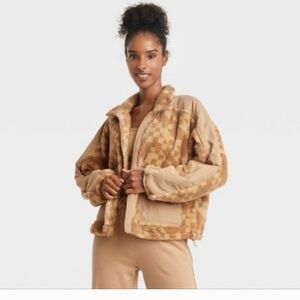 JoyLab Brown Checkered Fleece Zip Up Jacket Small